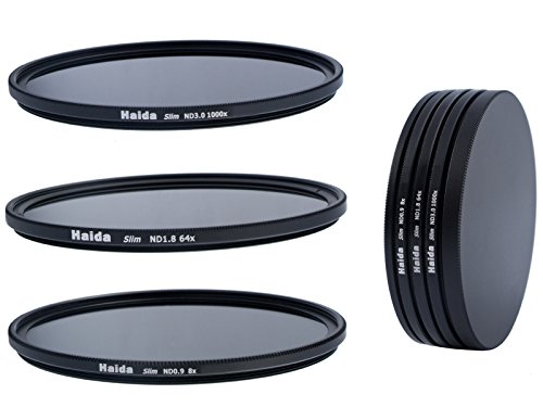 Slim Graufilter Set bestehend aus ND8, ND64, ND1000 Filtern 58mm inkl. Stack Cap Filtercontainer + Pro Lens Cap mit Innengriff von Timetrends24/Haida