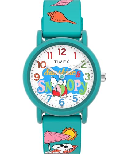 Timex Peanuts Just Beachy Armbanduhr, Unisex, 36 mm, grünes Silikonarmband, weißes Zifferblatt, grünes Gehäuse TW2V78500 von Timex
