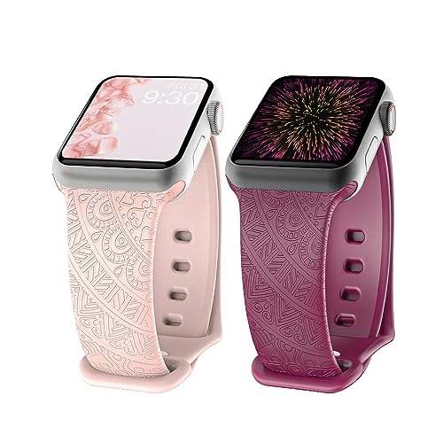 Timovo Armor Boho Gravur Armbänder Kompatibel mit Apple Watch Serie 9/Watch 38mm 40mm 41mm für Damen Herren, Weich Silikon Anhänger Sport Armband für iWatch 8 7 6 5 4 3 2 1 SE, Weinrot/Rosa von Timovo Armor