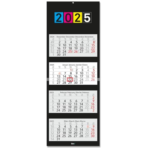 Timr 4-Monatskalender 2025 Schwarz I Wandkalender 4 Monate I 33 x 90 cm I mehrsprachig D/GB/F/ES I Jahresplaner mit Schieber Mehrblatt-Kalender I Dunkel Black Schlicht Elegant groß I tr247 von Timr