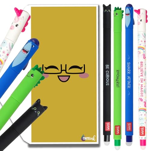 Tinte Ink Legami Löschbare Stifte Bündel/Sets mit süßem Umschlag – Katze, Hai, Dino, Einhorn Set) von Tinte Ink