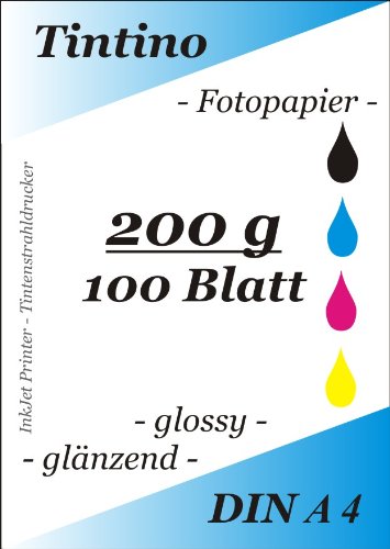 100 Blatt Fotopapier DIN A4 200g/qm high -glossy glaenzend - sofort trocken -wasserfest-hochweiß-sehr hohe Farbbrillianz fuer InkJet Drucker Tintenstrahldrucker von Tintino von Tintino
