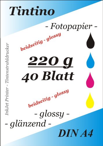 2 seitig glaenzend - double side glossy - 40 Blatt Fotopapier Photopapier DIN A4 220g/qm - beidseitig glossy glaenzend bedruckbar - sofort trocken - wasserfest - hochweiß - sehr hohe Farbbrillianz fuer InkJet - Tintenstrahl Drucker von Tintino