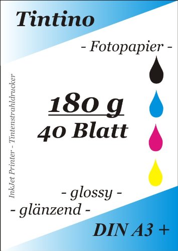 A3+ - 40 Blatt Fotopapier Photopapier DIN - A 3 + - 180g/qm - 480 x 330 mm - glossy glaenzend - sofort trocken - wasserfest - hochweiß - sehr hohe Farbbrillianz fuer InkJet Drucker Tintenstrahldrucker von Tintino