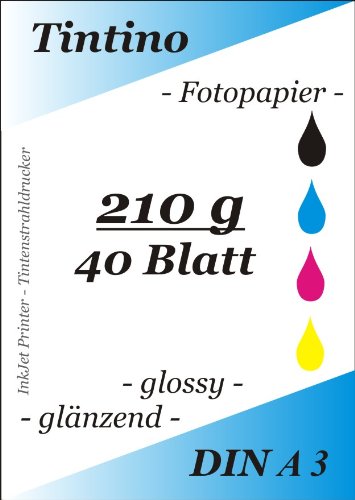 A3-40 Blatt Fotopapier Photopapier DIN - A 3-210g/qm - glossy glaenzend - sofort trocken - wasserfest - hochweiß - sehr hohe Farbbrillianz fuer InkJet Drucker Tintenstrahldrucker von Tintino