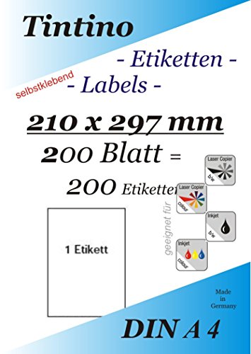 Etiketten 210 x 297-1 Stueck auf A4-200 Blatt DIN A4 selbstklebende Etiketten 3478 6119 4428 c210297 Etiketten 210 x 297-1 Stueck auf A4-200 Blatt DIN A4 selbstklebende Etiketten 3478 6119 4428 c210297 von Tintino