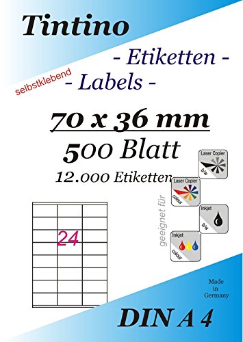 Etiketten 70 x 36-24 Stueck auf A4-500 Blatt DIN A4 selbstklebende Etiketten Internetmarke DHL Post 3475 3490 von Tintino