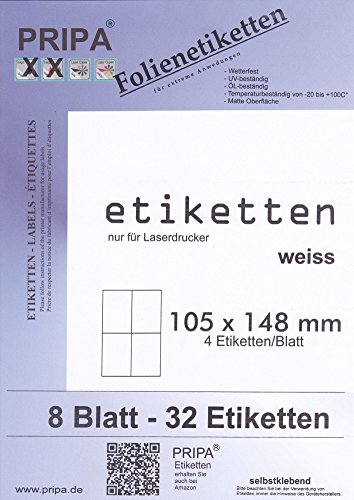 Folien Etiketten 105 X 148-8Blatt - Wetterfest - Weiß Matt - Laserdrucker von Tintino
