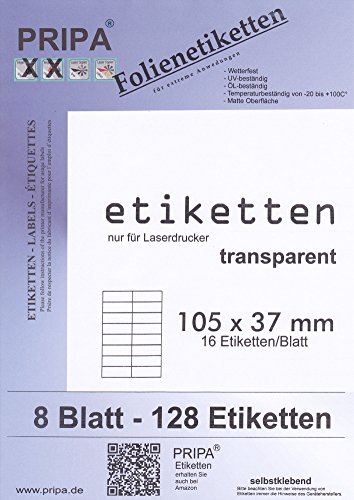 Folien Etiketten 105 X 37-8Blatt - Wetterfest - wasserfest - Transparent Matt - Laserdrucker von Tintino