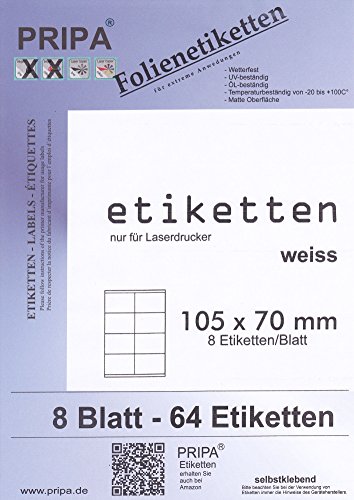Folien Etiketten 105 X 70-8Blatt - Wetterfest - Outdoor - Weiß Matt - Laserdrucker von Tintino