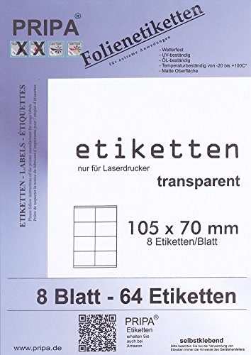 Folien Etiketten 105 X 70-8Blatt - Wetterfest - Transparent Matt - Laserdrucker - Außenanwendung von Tintino