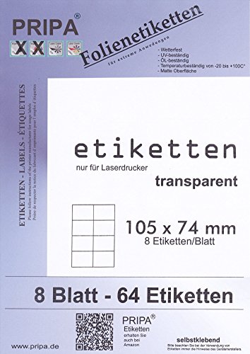 Folien Etiketten 105 X 74-8Blatt - Wetterfest - Transparent Matt - Laserdrucker von Tintino