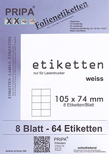 Folien Etiketten 105 X 74-8Blatt - Wetterfest - Weiß Matt - Laserdrucker von Tintino