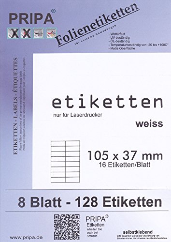 Folien Etiketten 105X 37-8Blatt - Wetterfest - wasserfest - Weiß Matt - Laserdrucker von Tintino