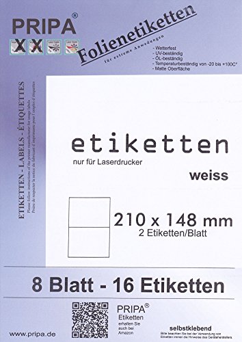 Folien Etiketten 210 X 148-8Blatt - Wetterfest - Outdoor - Weiß Matt - Laserdrucker von Tintino