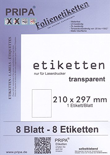 Folien Etiketten 210 X 297-8Blatt - Wetterfest - Transparent Matt - Laserdrucker - Outdoor von Tintino