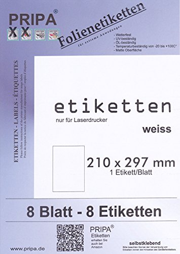 Folien Etiketten 210 X 297-8Blatt - Wetterfest - wasserfest - Weiß Matt - Laserdrucker von Tintino