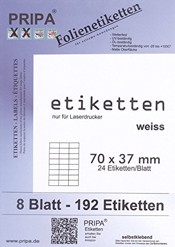 Folien Etiketten 70 X 37-8Blatt - Wetterfest/Outdoor - Weiß Matt - Laserdrucker von Tintino