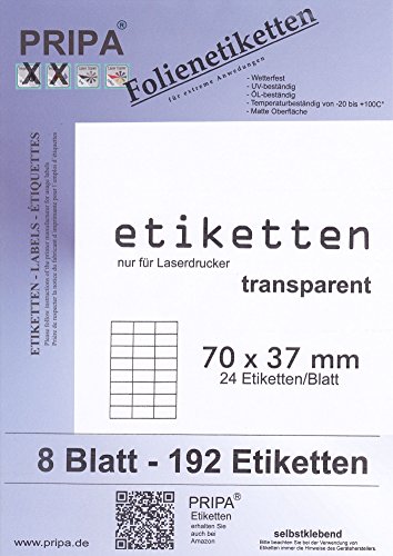 Folien Etiketten 70 X 37-8Blatt - wetterfest - wasserfest - Transparent Matt - Laserdrucker von Tintino