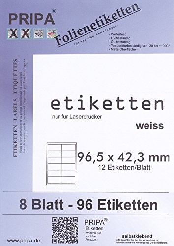 Folien Etiketten 96 X 42-8Blatt - Wetterfest - Weiß Matt - Laserdrucker - Outdoor von Tintino