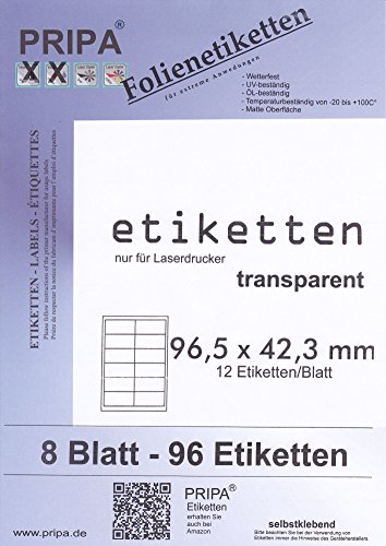 Folien Etiketten 96X42-8Blatt - Wetterfest - Transparent Matt - Laserdrucker von Tintino