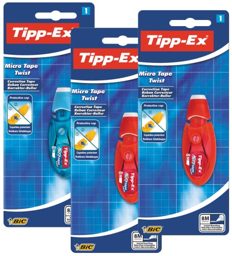 Tipp-Ex Korrekturroller Micro Tape Twist mit drehbarer Schutzkappe, Maus in Blau oder Rot, Korrekturband 8m x 5mm, 3er Pack von Tipp-Ex