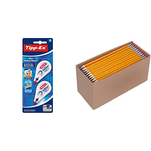 Tipp-Ex Mini Pocket Mouse Korrekturroller, Blister à 2 Roller, Korrekturband 6m x 5mm, Ideal für das Home Office, die Schule & AmazonBasics - Holzgefasste Bleistifte, HB, vorgespitzt, 30er-Pack von Tipp-Ex