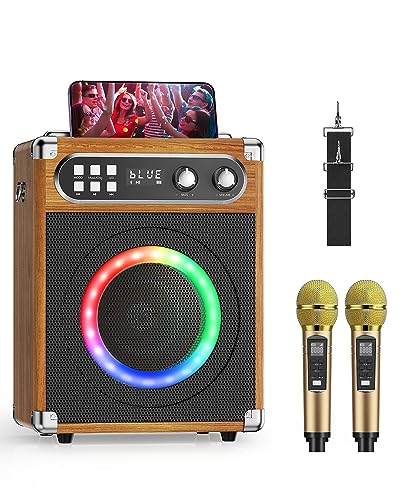 Tisey Karaoke Machine mit mehrfarbiger Beleuchtung und 2 drahtlosen UHF-Mikrofonen, 20 W Hochleistungs-Lautsprecher, unterstützt TF-Karte/USB, AUX-Eingang, Farbe Holz von Tisey