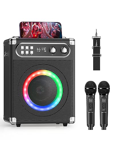 Tisey Karaoke Machine mit mehrfarbiger Beleuchtung und 2 drahtlosen UHF-Mikrofonen, 20 W Hochleistungs-Lautsprecher, unterstützt TF-Karte/USB, AUX-Eingang, Schwarz von Tisey