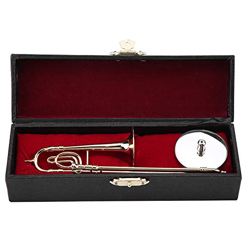 Tissting Miniatur Posaunen Modell Replik mit Ständer und Gehäuse Vergoldetes Instrument, 15cm Mini Vergoldetes Saxophon Posaune Deko Ornament Nachbildung für Weihnachts Musikliebhaber Geschenke von Tissting