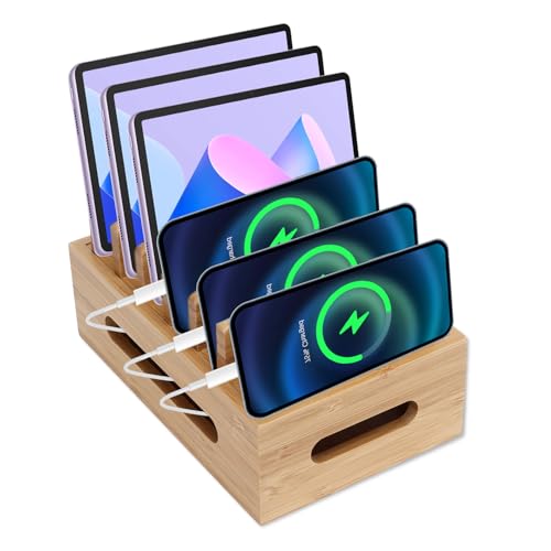 Tissting Ladestation Organizer für Mehrere Geräte, Holz Handy Dockingstation Tragbarer Tablet Computer Organisator Aufbewahrungsbox für Heimbüro von Tissting