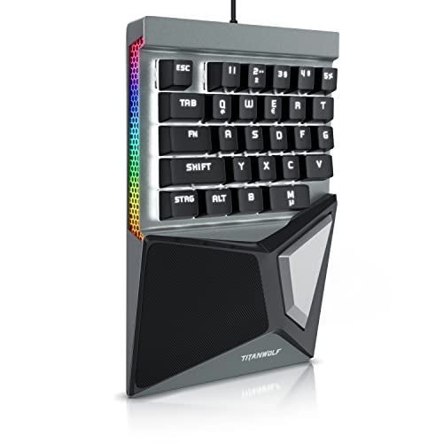 Titanwolf Einhand-Gaming-Tastatur, Gaming-Keypad Ziffernblock, mechanische Einhand-Tastatur kabelgebunden mit 28 Tasten und ergonomischer Handballenauflage für PC, Laptop, Notebook, Schwarz von Titanwolf