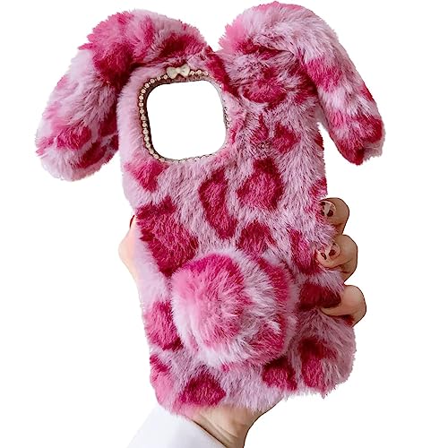 Tivenfezk Nadoli Hase Pelz Hülle für iPhone 14 Pro,3D Kaninchen Ohr Case Warme Flauschige Plüsch Schutzhülle Handy Schale Tasche Soft Bunny Cover von Tivenfezk