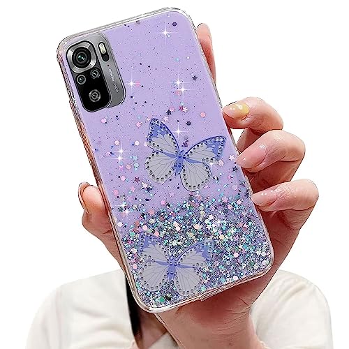 Tivenfezk Nadoli Sparkle Stern Hülle für Xiaomi Redmi Note 10S,Schmetterling Entwurf Klar Glitzer Mädchen Handyhülle Durchsichtig Bling Schutzhülle Case Cover,Lila von Tivenfezk