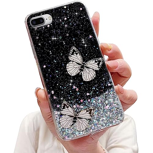 Tivenfezk Nadoli Sparkle Stern Hülle für iPhone 7 Plus/8 Plus,Schmetterling Entwurf Klar Glitzer Mädchen Handyhülle Durchsichtig Bling Schutzhülle Case Cover,Schwarz von Tivenfezk