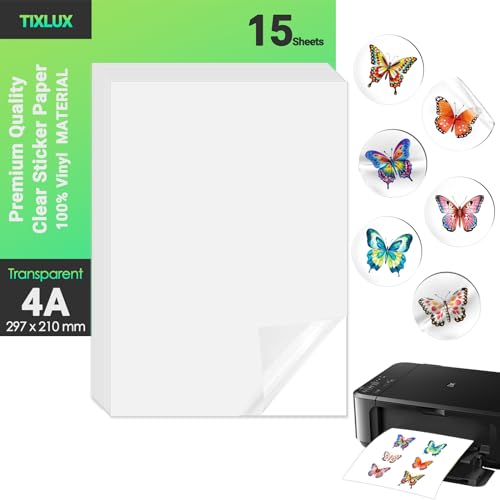 Tixlux 15 Blatt Vinyl-Aufkleberpapier für Tintenstrahldrucker, transparent, selbstklebend, trocknet schnell, lebendige Farben, wasserfestes Aufkleberpapier, A4-Größe 297x210mm von Tixlux