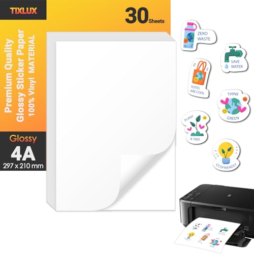 Tixlux 30 Blatt Vinyl-Aufkleberpapier für Tintenstrahldrucker, glänzend weiß, selbstklebend, trocknet schnell, lebendige Farben, wasserfestes Aufkleberpapier, A4-Größe 297x210mm von Tixlux