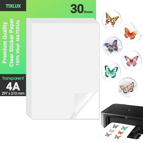 Tixlux 30 Blatt Vinyl-Aufkleberpapier für Tintenstrahldrucker, transparent, selbstklebend, trocknet schnell, lebendige Farben, wasserfestes Aufkleberpapier, A4-Größe 297x210mm von Tixlux