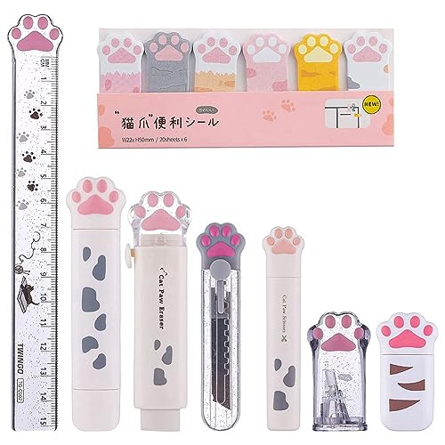 Tixqeaif 8-Teiliges Süßes Katzenpfoten-Briefpapier-Set, Kawaii-Schulbedarf, Einschließlich Bleistiftspitzer, Einziehbarer Radiergummi, Wiederverwendbar () von Tixqeaif