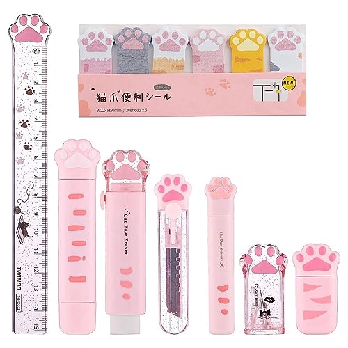 Tixqeaif 8-Teiliges Süßes Katzenpfoten-Briefpapier-Set, Kawaii-Schulbedarf, Inklusive Bleistiftspitzer, Einziehbarem Radiergummi, Einfach zu Bedienen (Rosa) von Tixqeaif