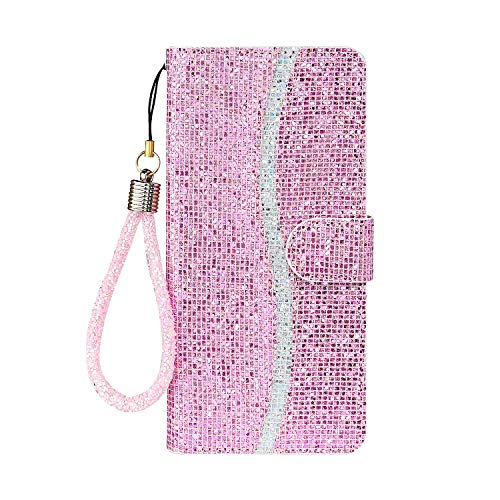 Handyhülle für Samsung A50 Flip Case Bling Glitzer Sparkle Case 3D Pailletten Leder Wallet Cover mit Magnetverschluss Unterstützung Ständer und Kartenfächer mit Lanyard Strap (Pink/Rosegold) von Tiyoo