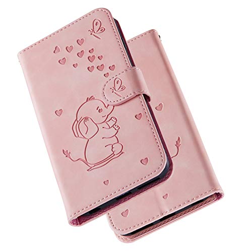 Tiyoo Embossed Love Heart Phone case Elephant Butterfly Pattern Folding Stand PU Leather Wallet Flip Cover Protective Case with Card Slots, Magnetic Closure (Huawei P30 Lite,PINK) von Tiyoo