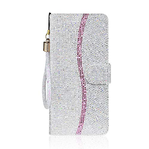Tiyoo Handyhülle für Samsung A11 Flip Case Bling Glitzer Sparkle Hülle, 3D Pailletten Leder Wallet Cover mit Magnetverschluss, Stützständer und Kartenfächern, mit Lanyard Strap (Silber/Weiß) von Tiyoo