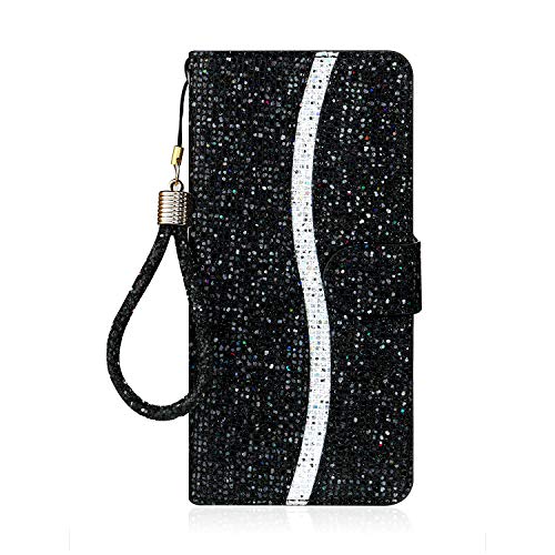 Tiyoo Handyhülle für Samsung A20E Flip Case Bling Glitter Sparkle Case, 3D Pailletten Leder Wallet Cover mit Magnetverschluss, Ständer und Kartenfächer, mit Schlüsselband (Schwarz) von Tiyoo