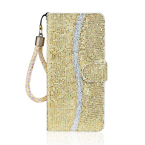 Tiyoo Handyhülle für Samsung A51 Flip Case Bling Glitzer Sparkle Hülle, 3D Pailletten Leder Wallet Cover mit Magnetverschluss, Stützständer und Kartenfächern, mit Lanyard Strap (Gold) von Tiyoo