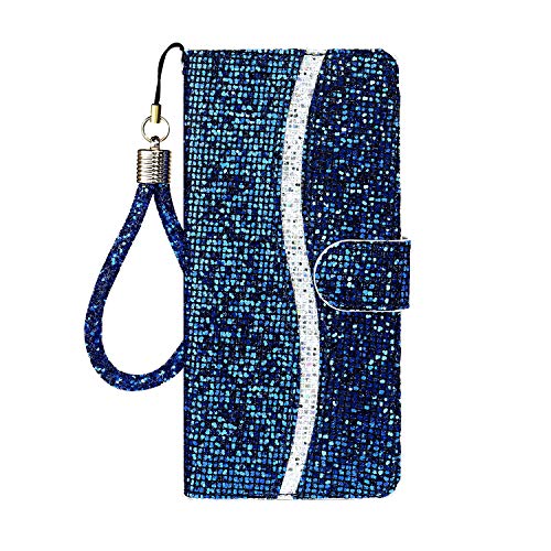 Tiyoo Handyhülle für Samsung S10E Flip Case Bling Glitzer Sparkle Hülle, 3D Pailletten Leder Wallet Cover mit Magnetverschluss, Stützständer und Kartenfächern, mit Lanyard Strap (Blau) von Tiyoo