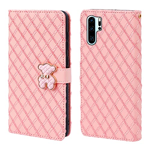 Tiyoo Huawei P30 Pro Flip Case mit Brieftasche, 3D Metallbär Magnetverschluss, Stützständer und Kartenfächer, PU Leder mit Quilt-Stickprozess (Rosa) von Tiyoo