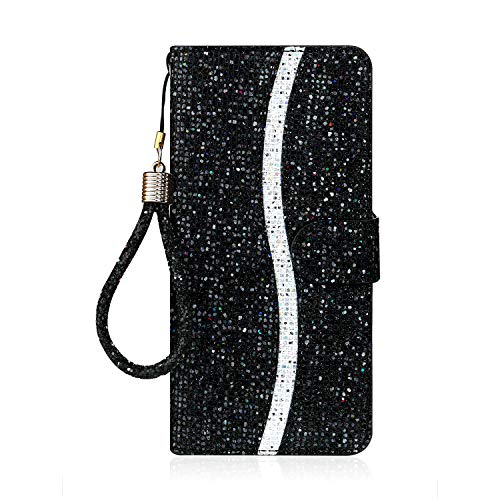 Tiyoo Samsung A20S Hülle Flip Case 3D Glitzer Leder Flip Case Schutzhülle mit Magnetverschluss Standfunktion Kartenfächer mit Handschlaufe Schwarz von Tiyoo