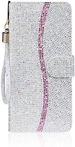 Tiyoo Schutzhülle für Samsung S20FE 5G Flip Case Bling Glitter Sparkle 3D Leder Brieftasche Schutzhülle mit Magnetverschluss Ständer und Kartenfächer mit Band (Silber) von Tiyoo