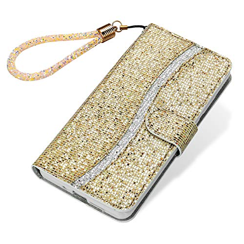 Tiyoo iPhone 11 Flip Case Bling Glitter Sparkle Case 3D Pailletten Leder Wallet Cover mit Magnetverschluss, Ständer und Kartenfächern, mit Lanyard Strap (Gold) von Tiyoo
